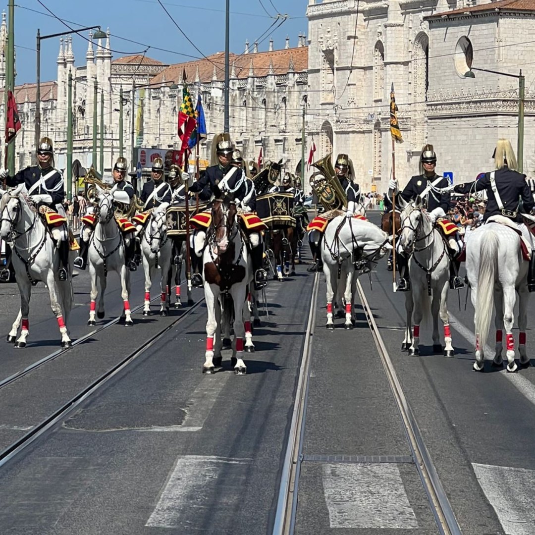 The mounted guard parading past the Jerónimos Monastery in Belém, Lisbon